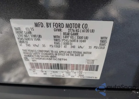 2015 Ford Explorer Xlt from USA, damaged, VIN 1FM5K8D85FGC32796